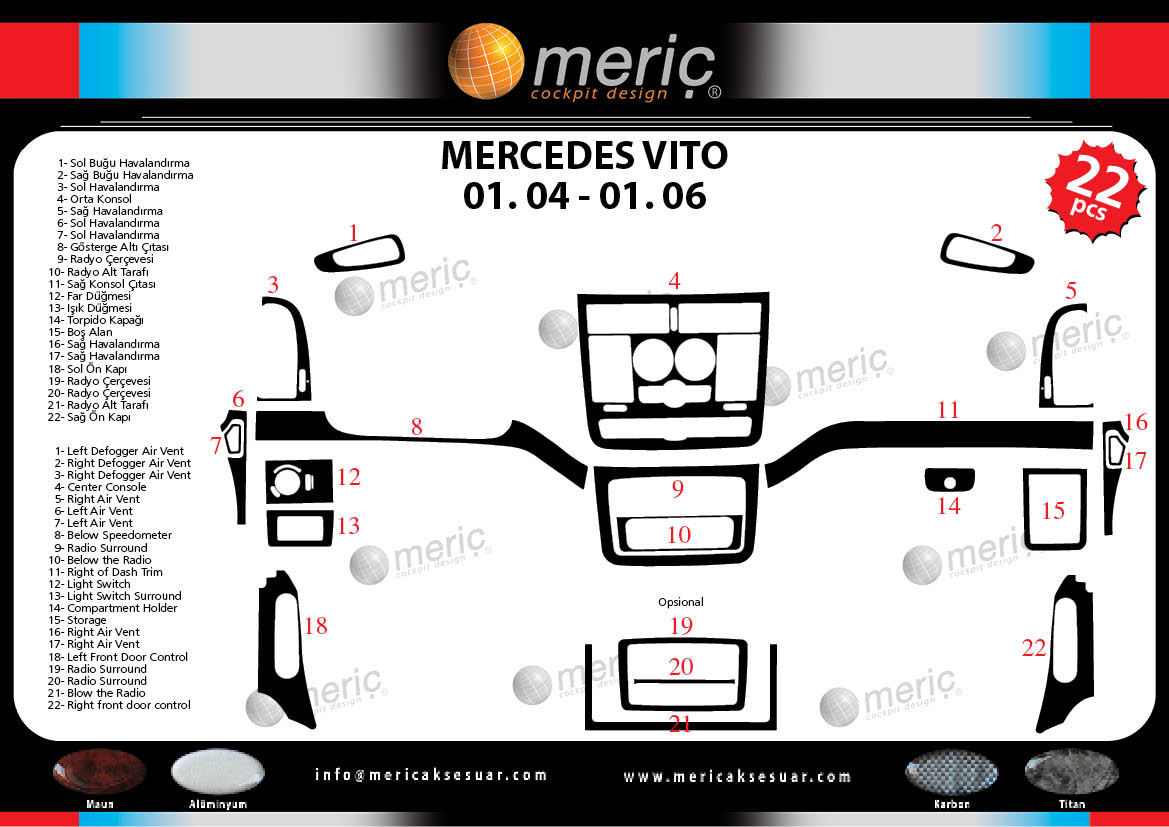 Mercedes Vito Console-Mahogany Veneer 2004-2006 22 Pieces