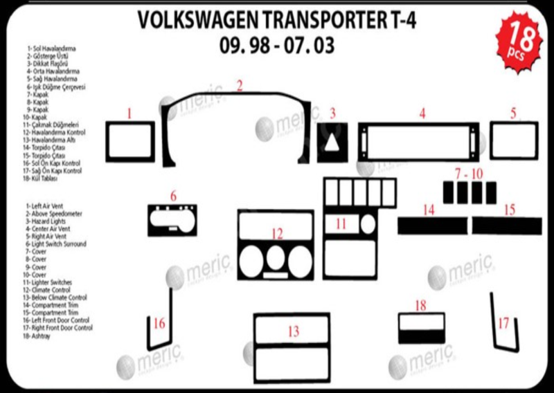 Volkswagen Transporter T4 Konsol-Maun Kaplama 1998-2003 18 Parça