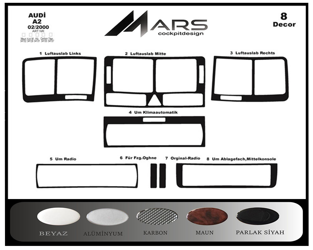 Audi A2 Console-Mahogany Veneer 2000-2005 8 Pieces