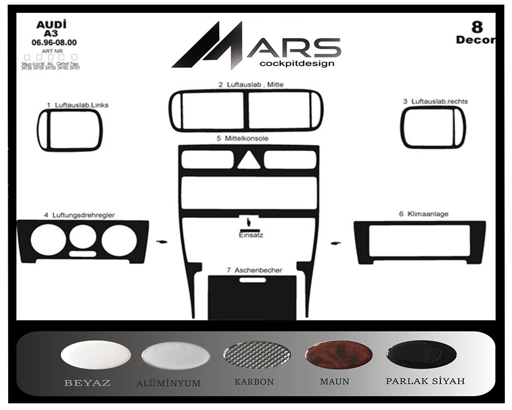 Audi A3 Console-Mahogany Veneer 1996-2000 8 Pieces