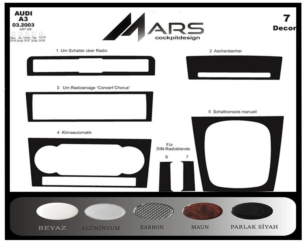 Audi A3 Konsol-Maun Kaplama 2003 7 Parça