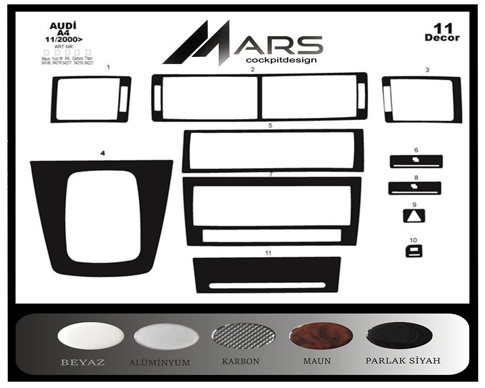 Audi A4 Console-Mahogany Veneer 2000 11 Pieces