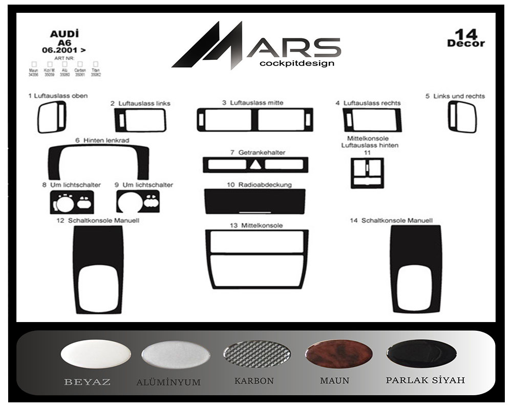 Audi A6 Console-Mahogany Veneer 2001-2004 14 Pieces