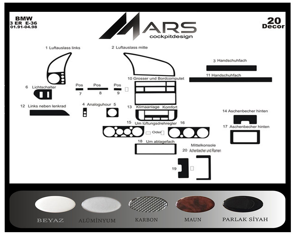 Bmw 3 E36 Konsol-Alüminyum Kaplama 1991-1998 20 Parça