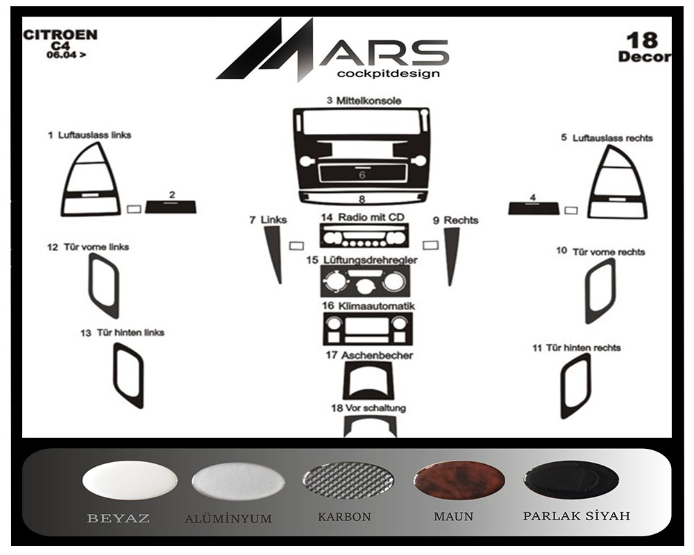 Citroen C4 Alüminyum Kaplama 2004-2010 18 Parça 