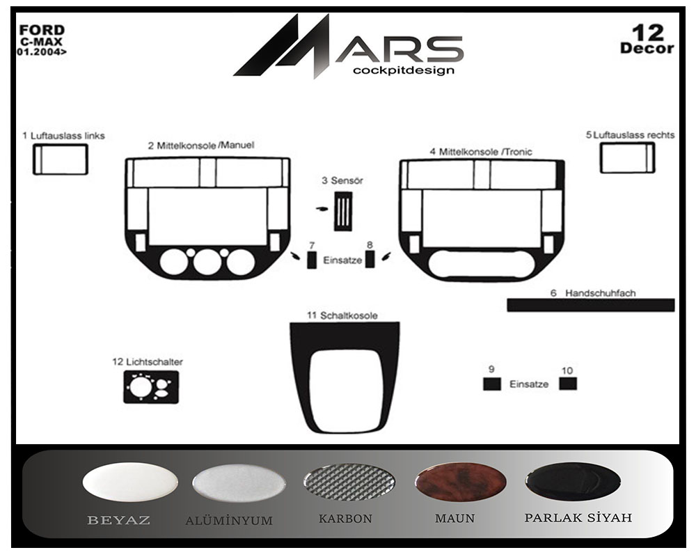 Ford C Max Konsol-Maun Kaplama 2004-2010 12 Parça (Digital Klima)