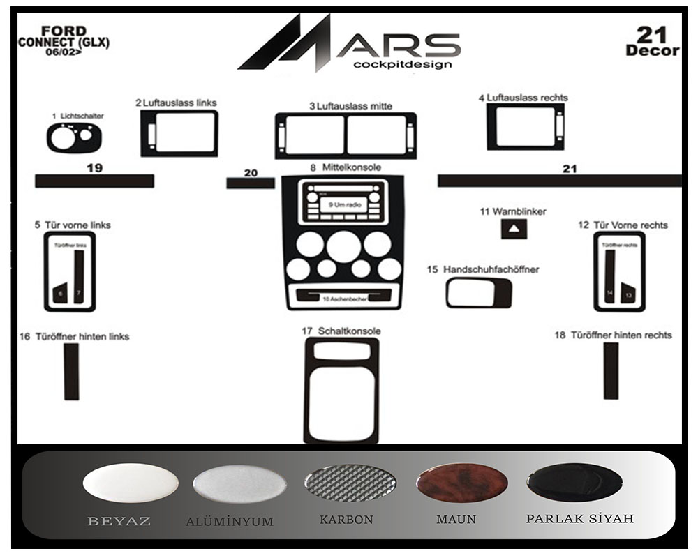 Ford Connect Delux Piano Black Kaplama 2002-2006 21 Parça