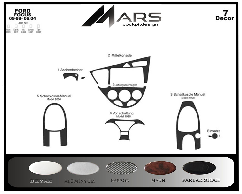 Ford Focus Konsol-Maun Kaplama 1998-2004 7 Parça