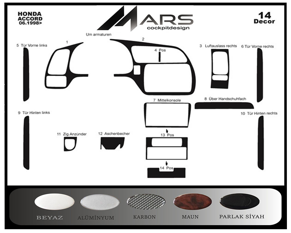 Honda Accord Japanese Console-Mahogany Veneer 1998-2002 14 Pieces