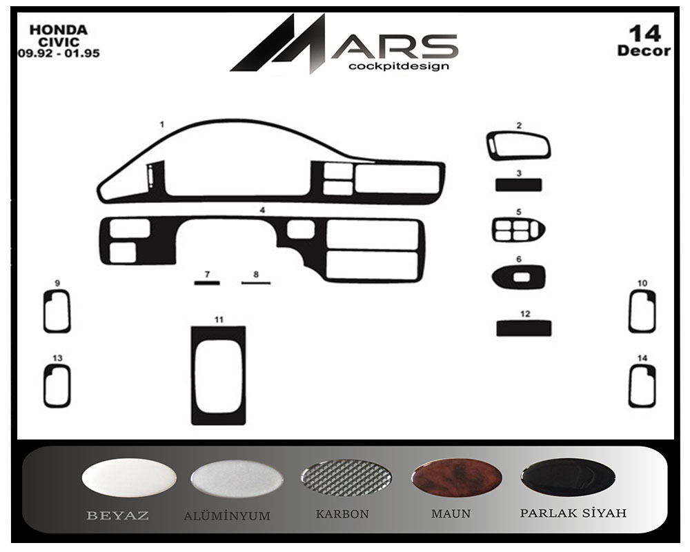 Honda Civic Konsol-Maun Kaplama 1992-1995 14 Parça