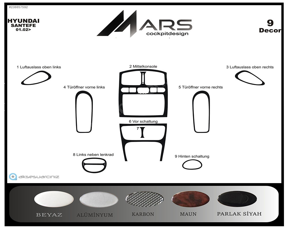 Hyundai Santa Fe Console-Mahogany Veneer 2002-2006 9 Pieces