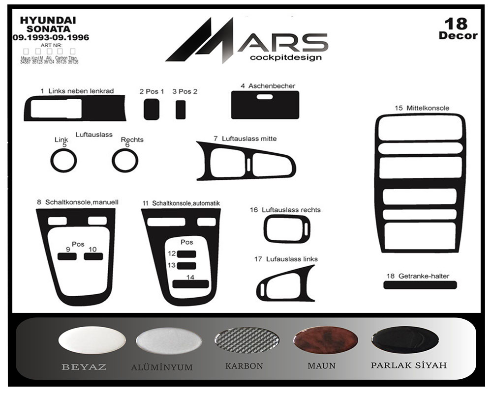 Hyundai Sonata Konsol-Maun Kaplama 1993-1996 18 Parça