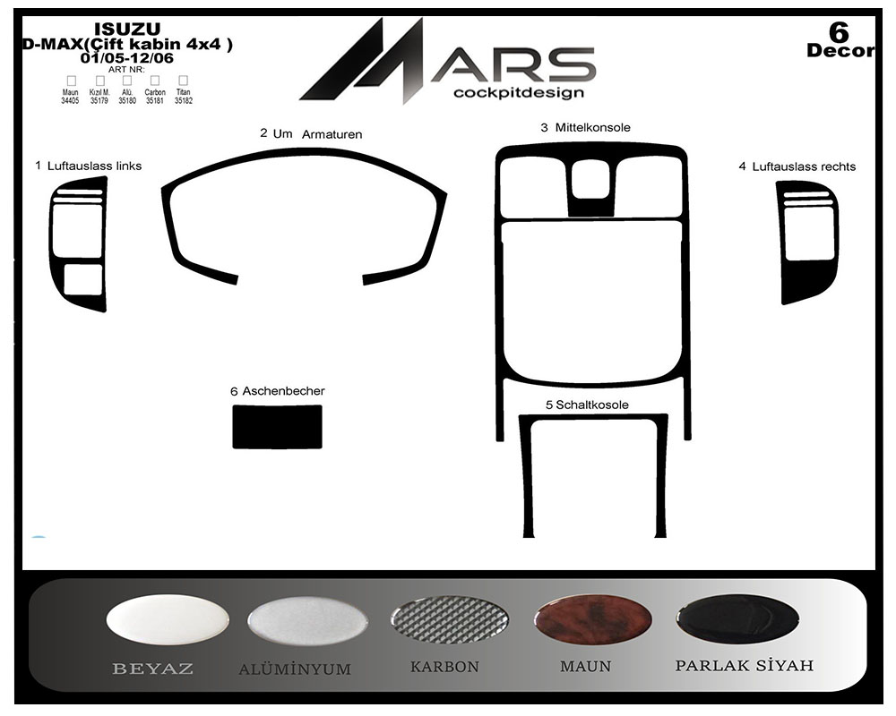Isuzu D Max Çift Kabin 4X4 Konsol-Maun Kaplama 2005-2006 6 Parça