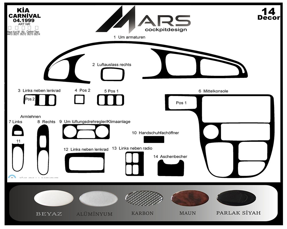 Kia Carnival Console-Mahogany Veneer 1999 14 Pieces