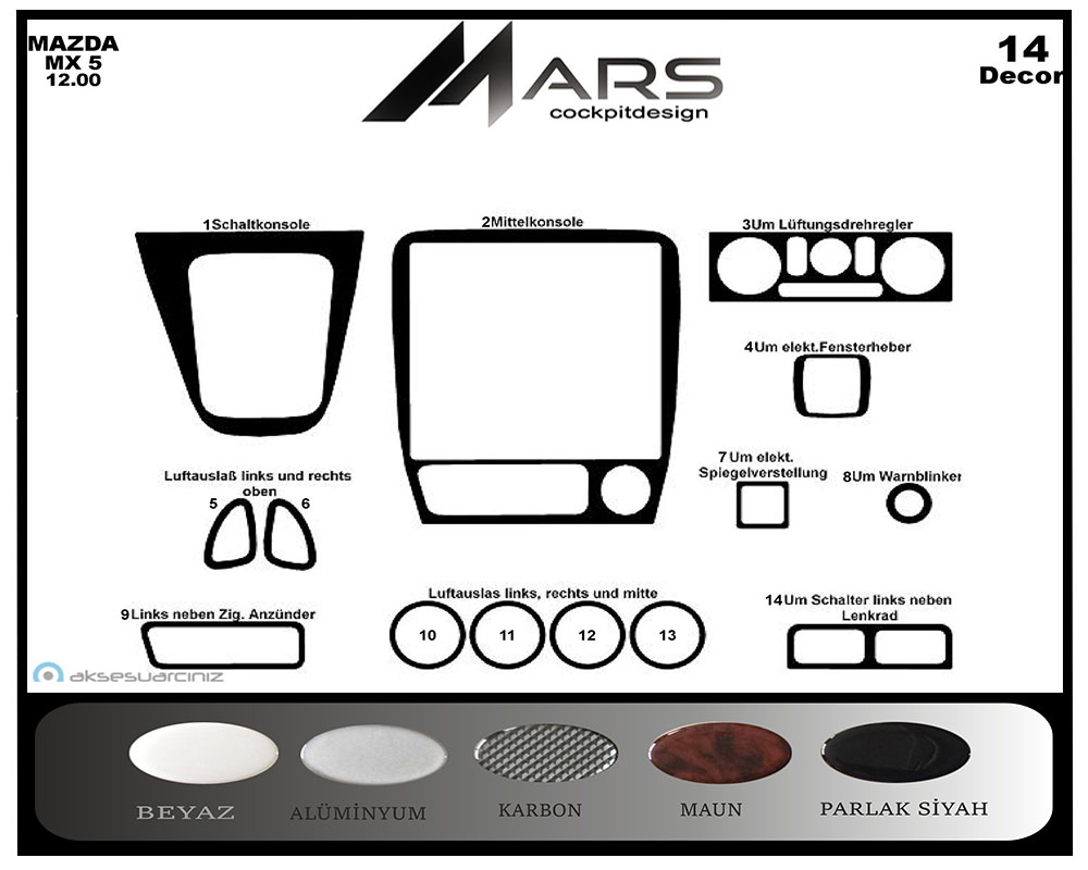 Mazda MX 5 Console-Mahogany Veneer 2000-2005 14 Pieces