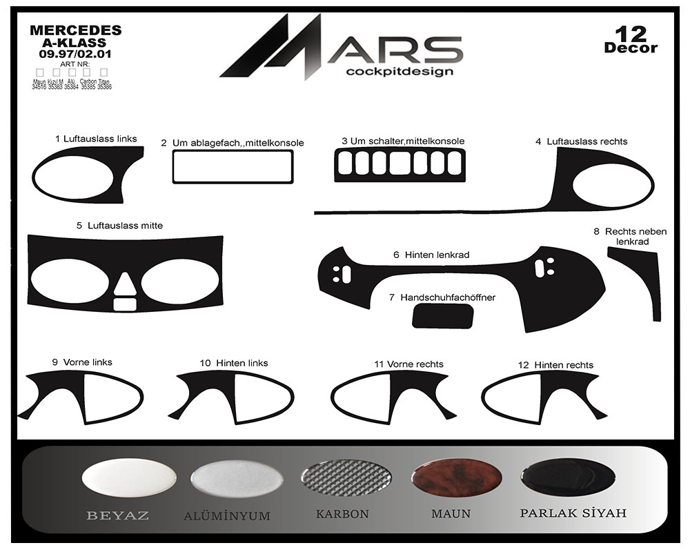 Mercedes A Series Console-Mahogany Veneer 1997-2001 12 Pieces