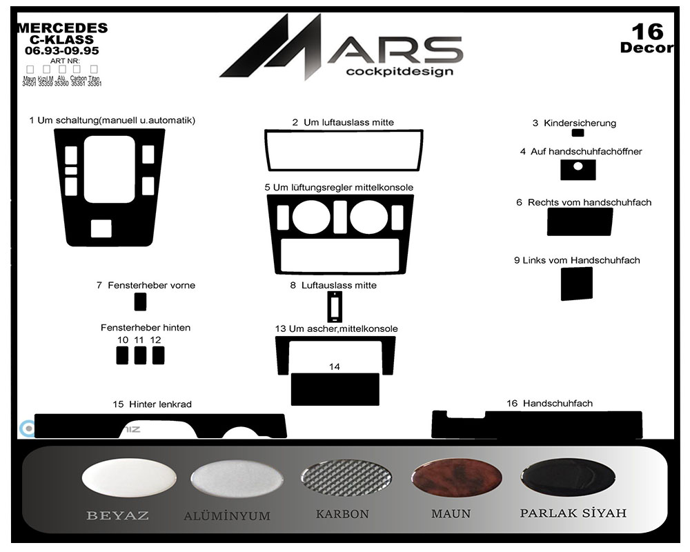 Mercedes C Serisi Konsol-Maun Kaplama 1993-1995 16 Parça