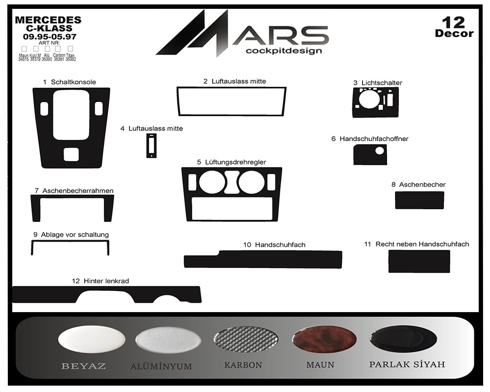 Mercedes C Series Console-Mahogany Veneer 1995-1997 12 Pieces