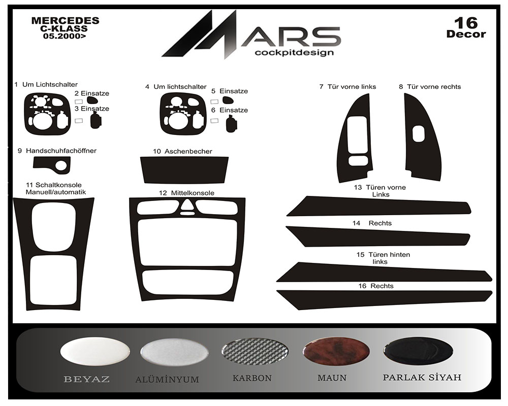 Mercedes C Series Console-Mahogany Veneer 2000-2006 16 Pieces