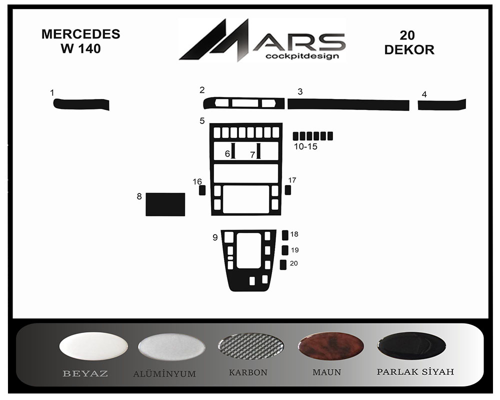 Mercedes W140 Konsol-Maun Kaplama 20 Parça