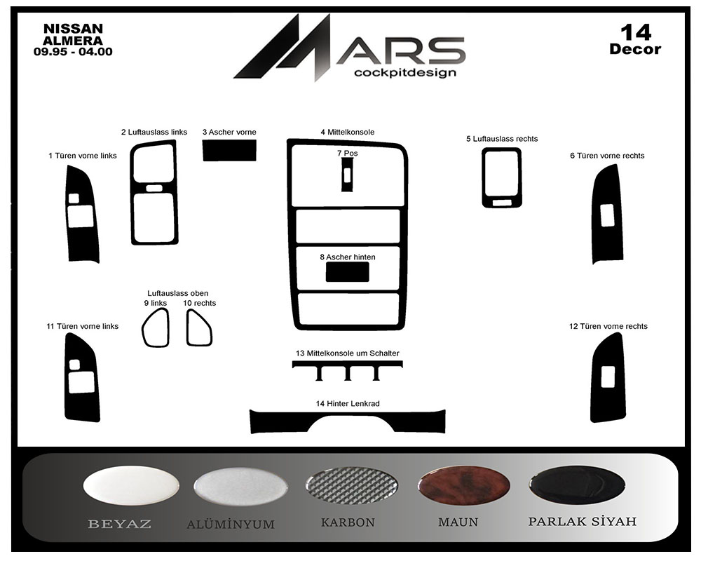 Nissan Almera Konsol-Maun Kaplama 1995-1999 14 Parça