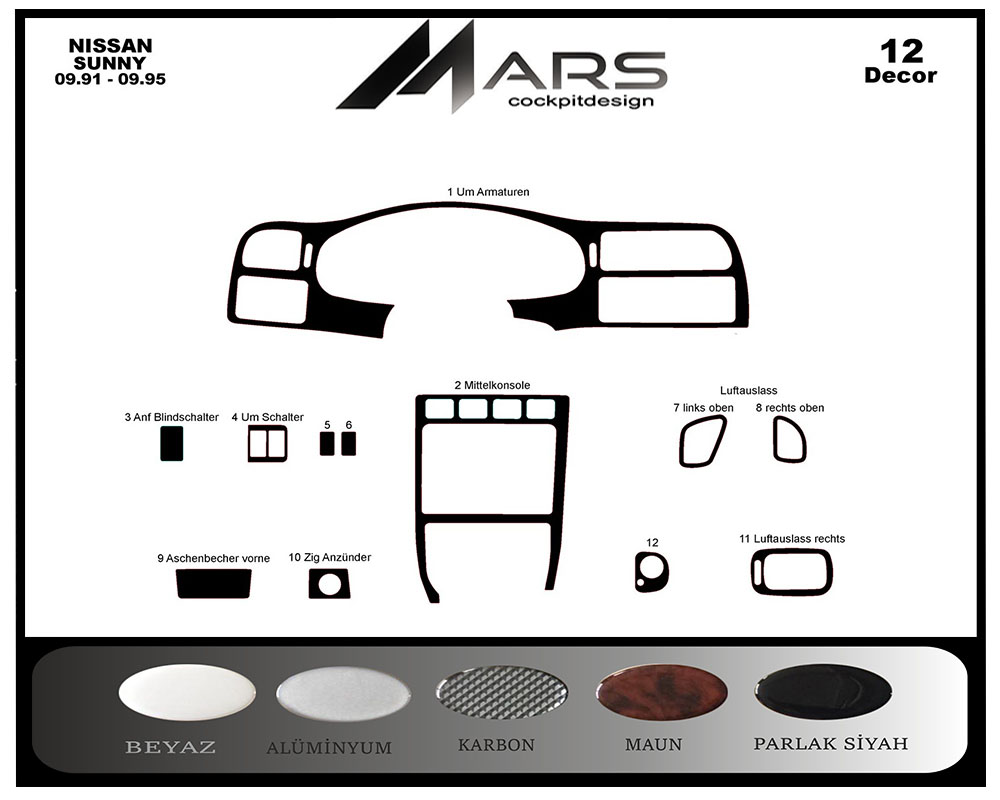 Nissan Sunny Console-Mahogany Veneer 1991-1995 12 Pieces