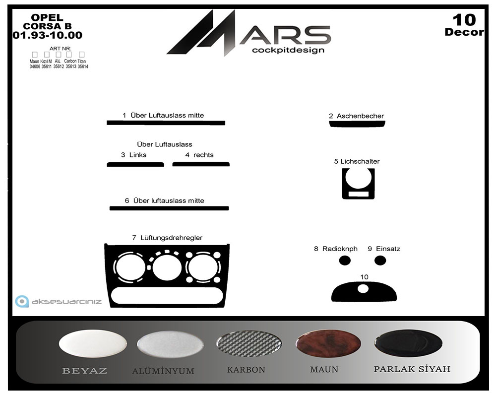 Opel Corsa B / Tigra / Combo Konsol-Maun Kaplama  1993-2000 10 Parça