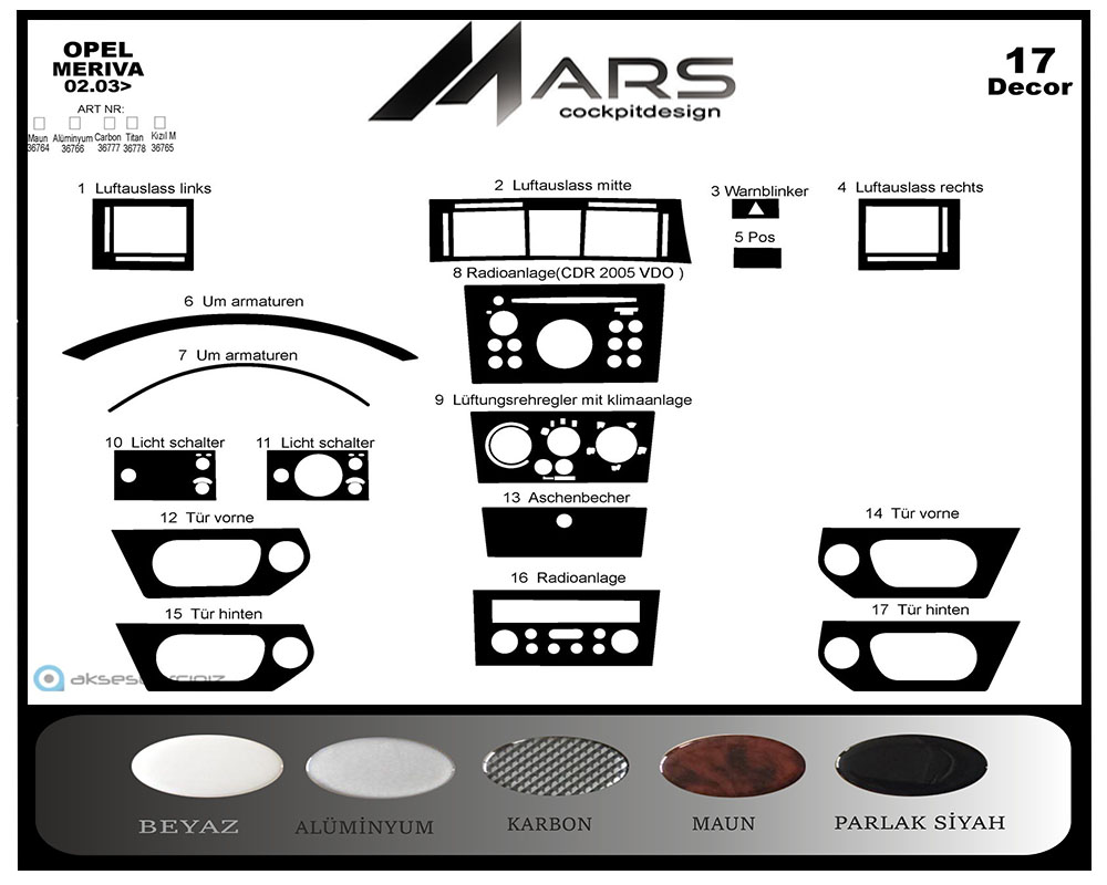 Opel Meriva Konsol-Maun Kaplama 2003-2007 17 Parça