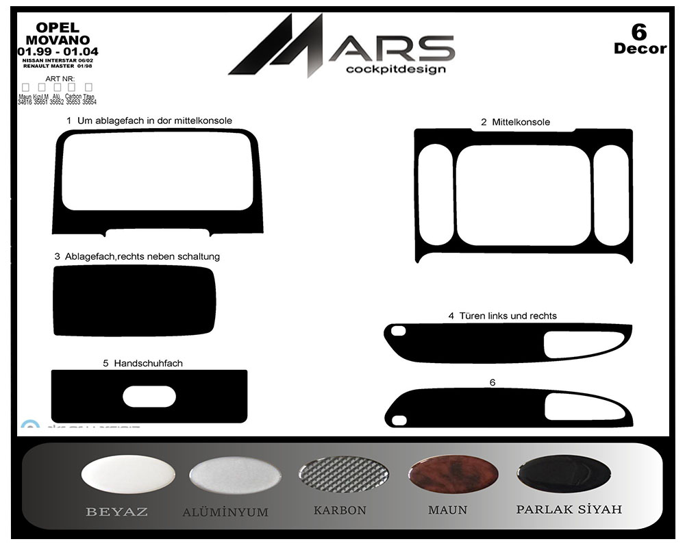 Opel Movano Master interstar Konsol-Maun Kaplama 1999-2003 6 Parça 