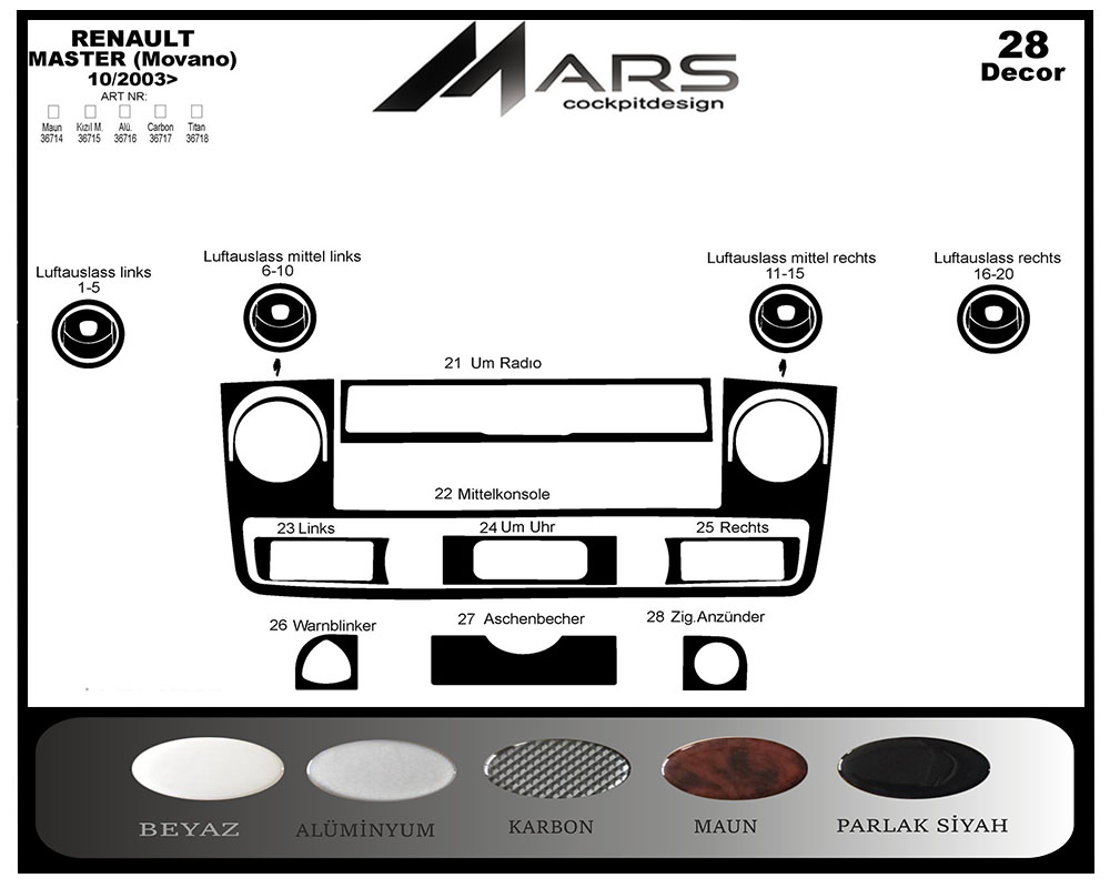 Renault Master Movano interstar Konsol-Maun Kaplama 2003-2009 28 Parça