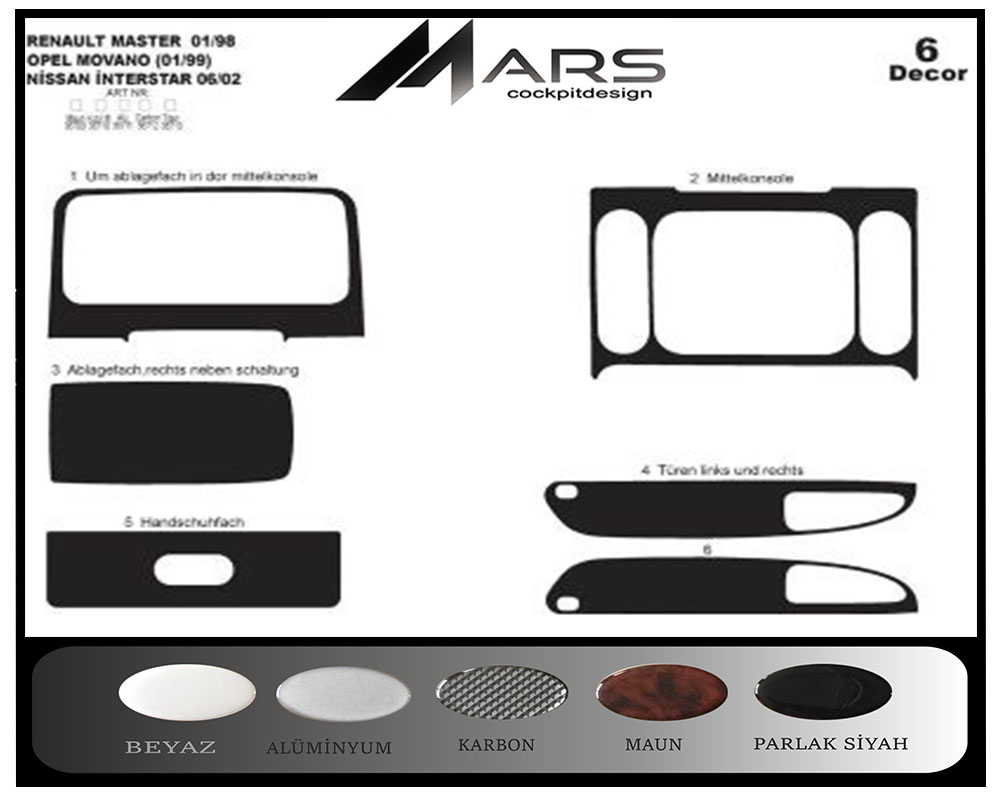 Renault Master Movano interstar Konsol-Maun Kaplama 1999-2003 6 Parça