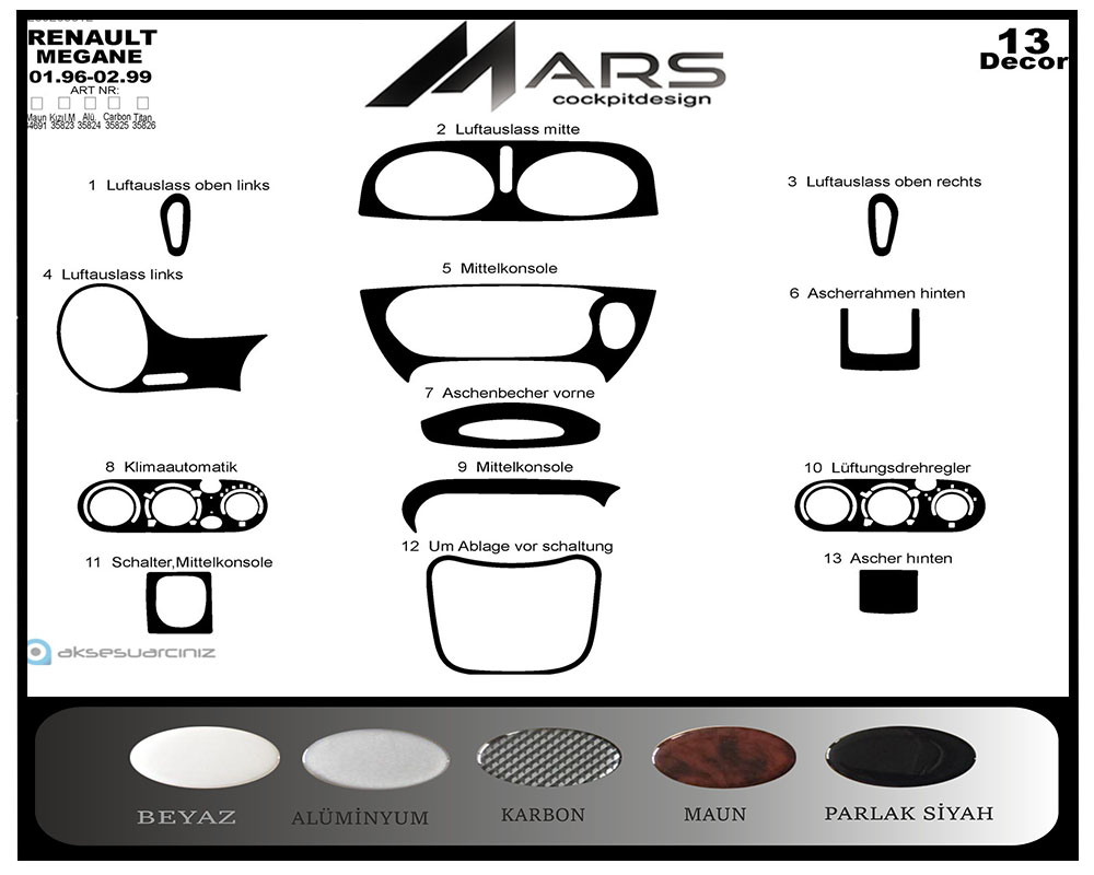 Renault Megane Konsol-Maun Kaplama 1996-1999 13 Parça