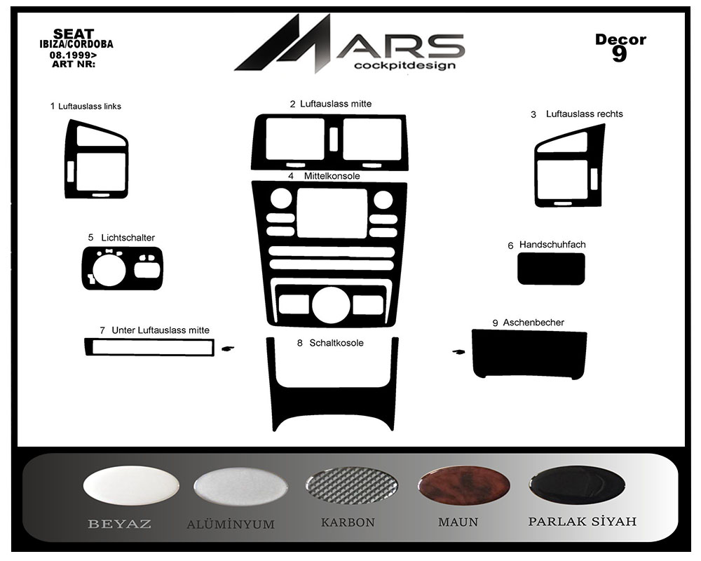 Seat İbiza Konsol-Maun Kaplama 1999-2002 Arası 9 Parça