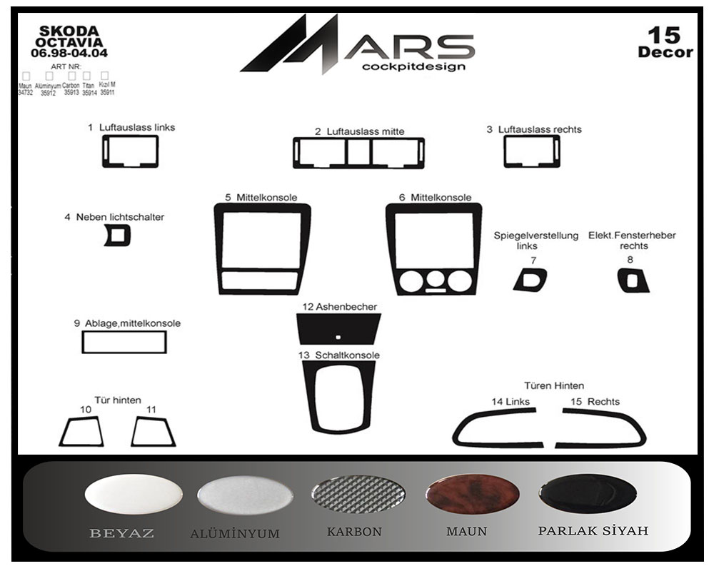 Skoda Octavia Aluminum Coating 1998-2004 15 Pieces FREE SHIPPING