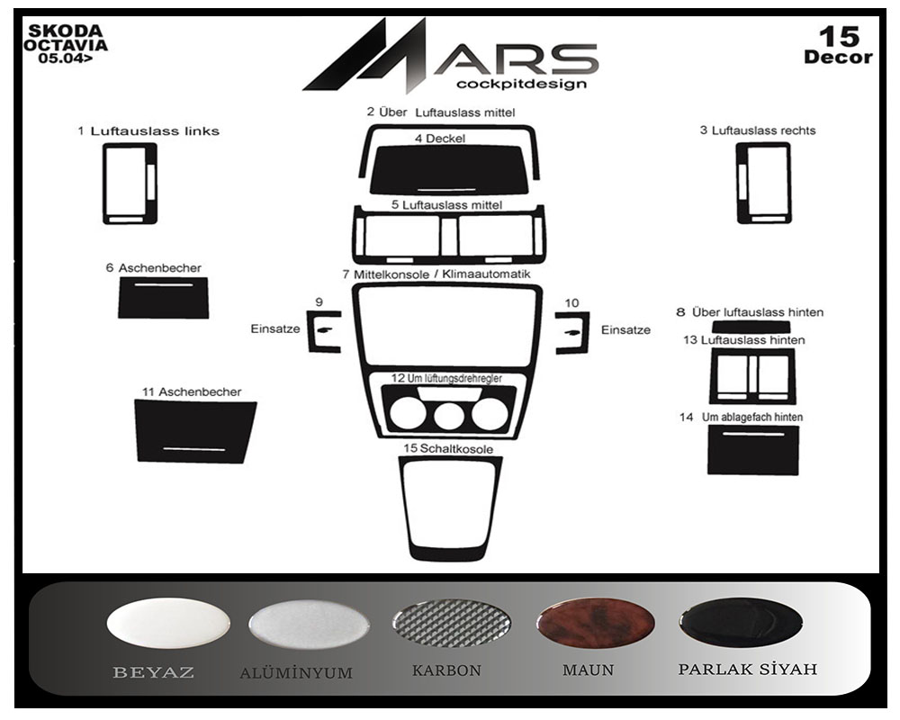 Skoda Octavia Konsol-Maun Kaplama 2004-2009 15 Parça