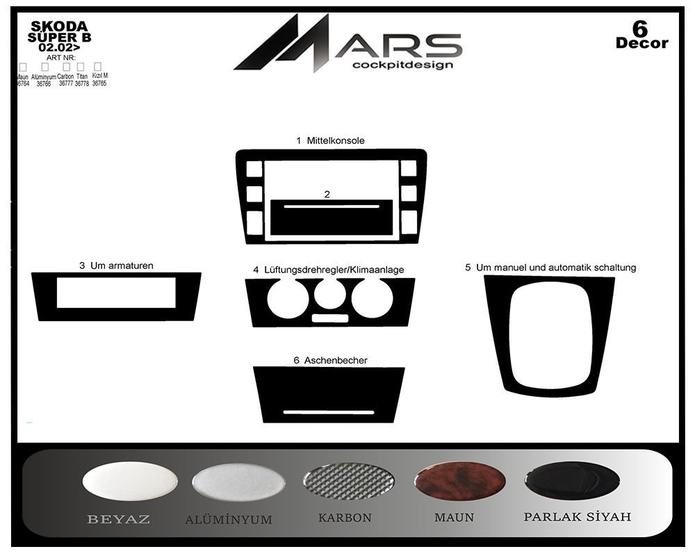 Skoda Super B Konsol-Maun Kaplama 2002-2007 6 Parça