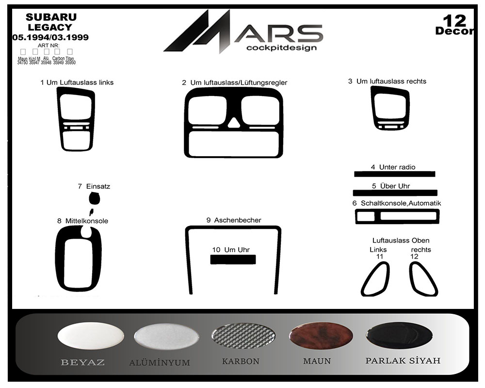 Subaru Legacy Konsol-Maun Kaplama 1994-1999 12 Parça
