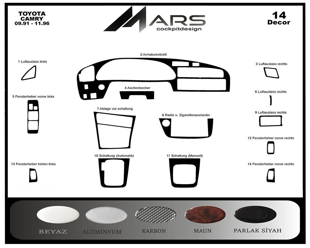 Toyota Camry Konsol-Maun Kaplama 1991-1997 14 Parça