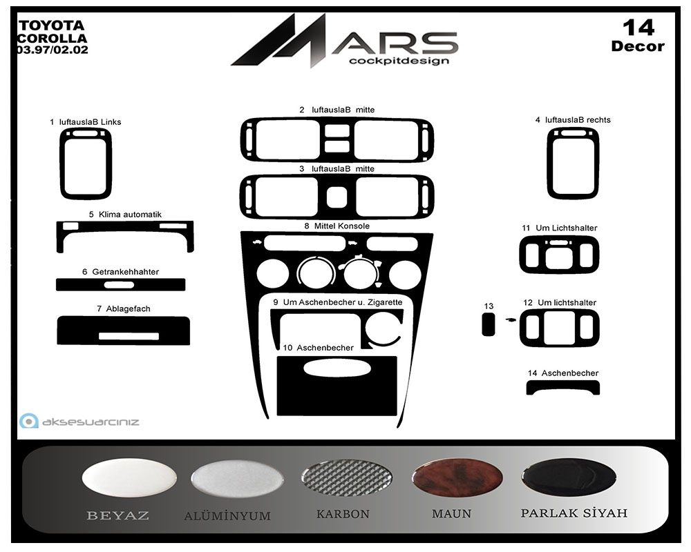 Toyota Corolla Konsol-Maun Kaplama 1997-2002 14 Parça