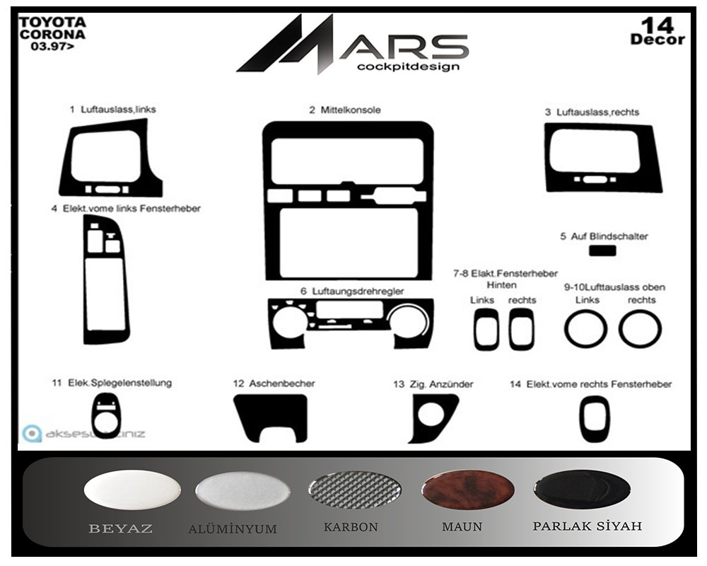 Toyota Corona Konsol-Maun Kaplama 1997-2003 14 Parça
