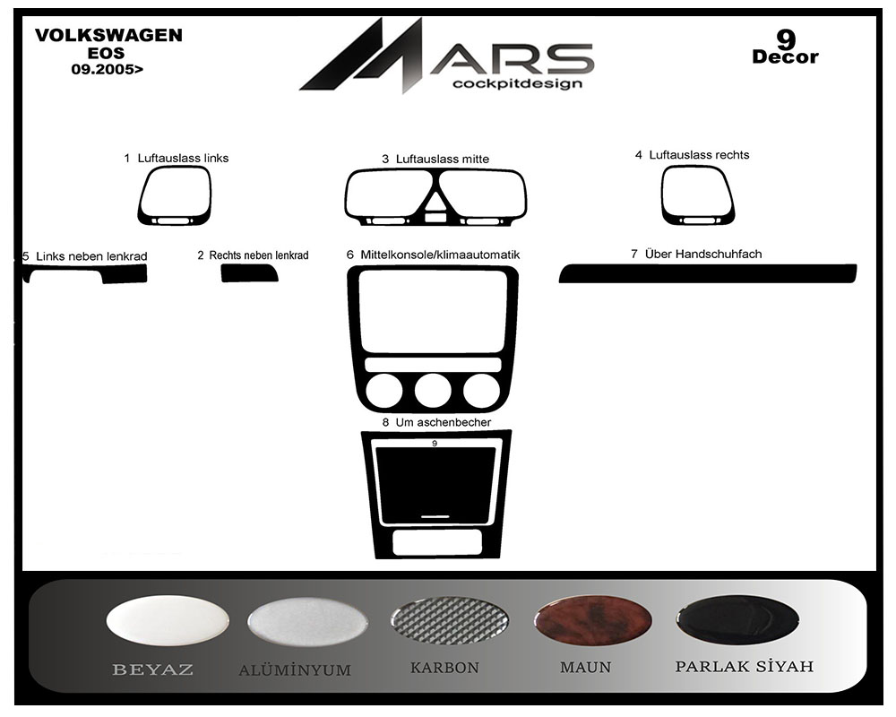 Volkswagen Eos Konsol-Maun Kaplama 2005-2010 9 Parça