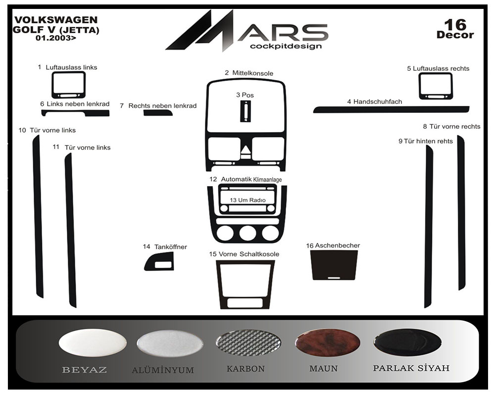 Volkswagen Golf 5 Piano Black Kaplama DİGİTAL KLİMA 2003-2008 16 Parça ÜCRETSİZ KARGO