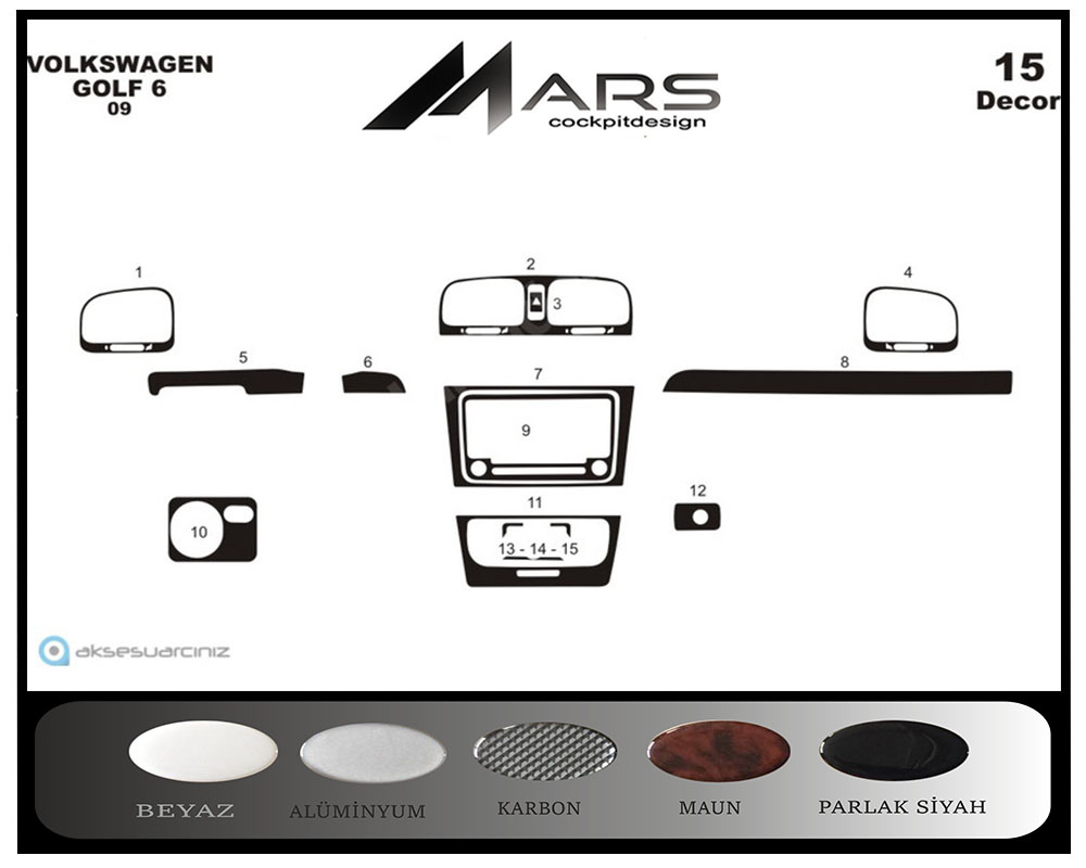 Volkswagen Golf 6 Console-Mahogany Veneer 2008 15 Pieces