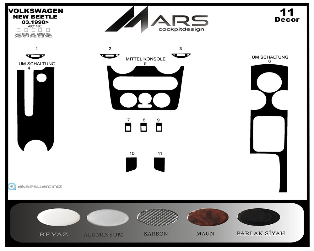 Volkswagen New Beettle Konsol-Maun Kaplama 1998-2002 11 Parça