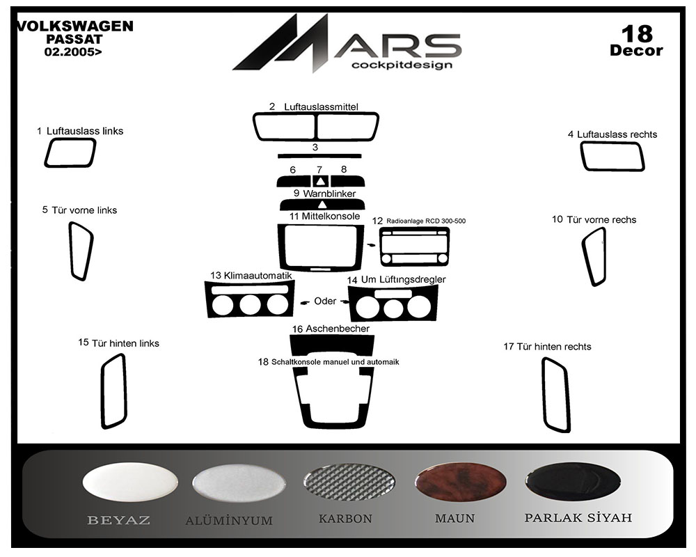 Volkswagen Passat Konsol-Maun Kaplama 2005-2010 18 Parça