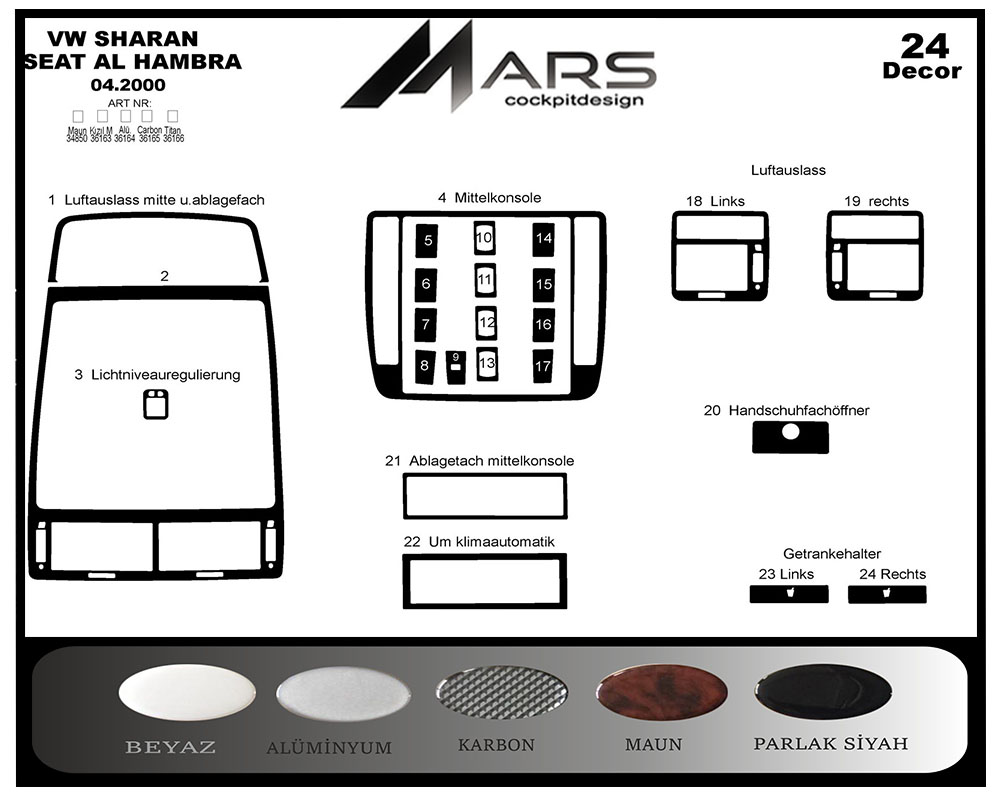 Volkswagen Sharan Konsol-Maun Kaplama 2000-2009 24 Parça
