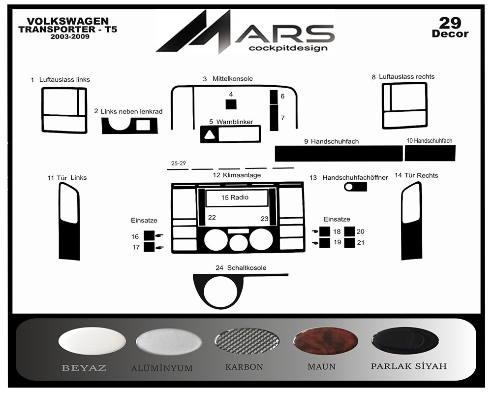 Volkswagen Transporter T5 Aluminum Color Coating 2003-2009 29 Pieces