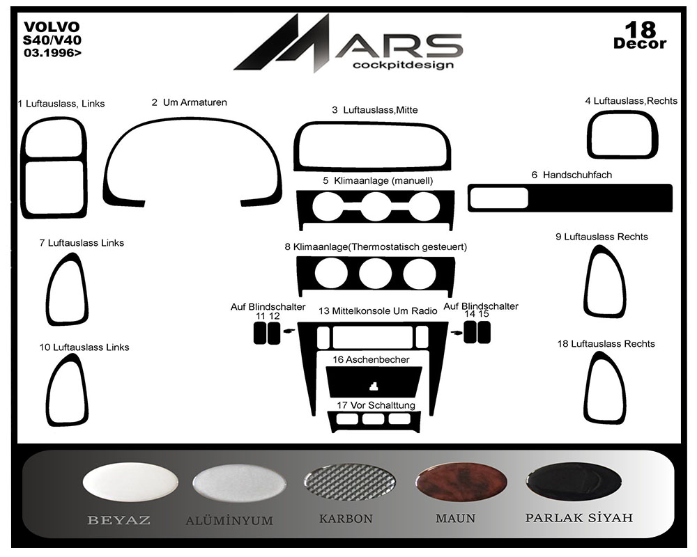 Volvo S40 / V40 Konsol-Alüminyum Kaplama 1996-2000 18 Parça ÜCRETSİZ KARGO
