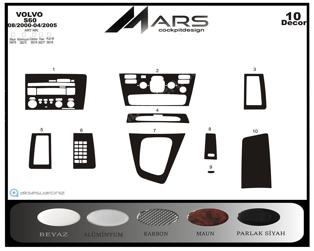 Volvo S60 Konsol-Konsol-Maun Kaplama 2000-2005 10 Parça